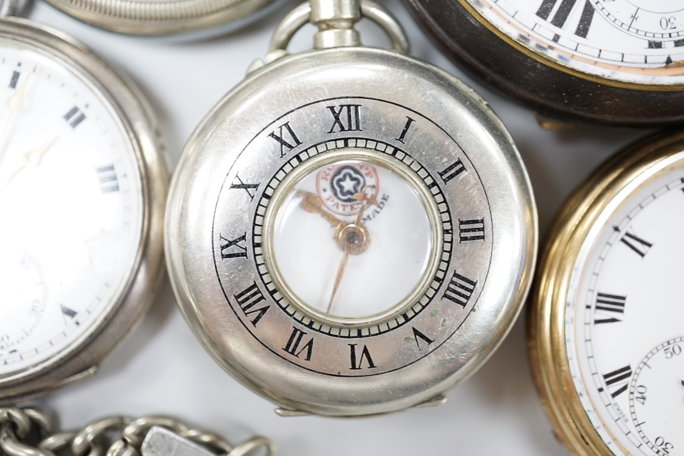 Eight assorted silver or base metal pocket watches including Goliath, Doxa and military black dial.